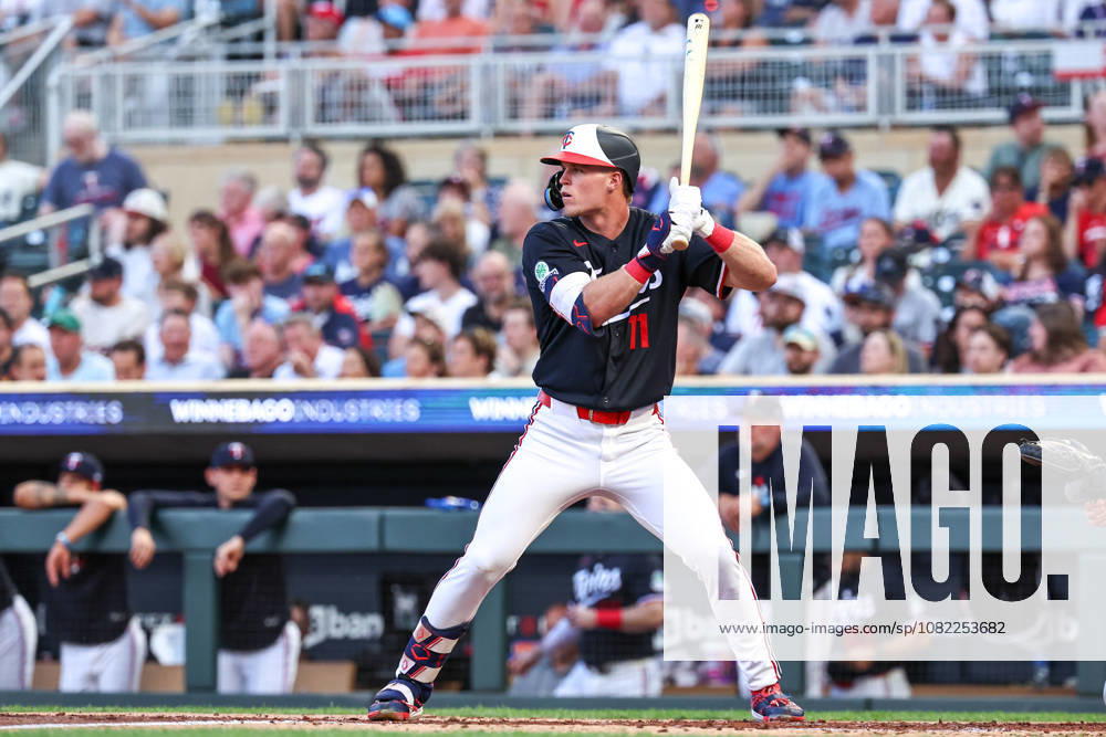 August 31st, 2026: Minnesota Twins center fielder Walker Jenkins (11) bats against the Detroit Tigers in the third inning during a MLB, Baseball Herren, USA Baseball game between the Detroit Tigers and the Minnesota Twins at Target Field in Minneapolis, Minnesota. CSM Minneapolis USA - ZUMAc04_ 20260831_zma_c04_013