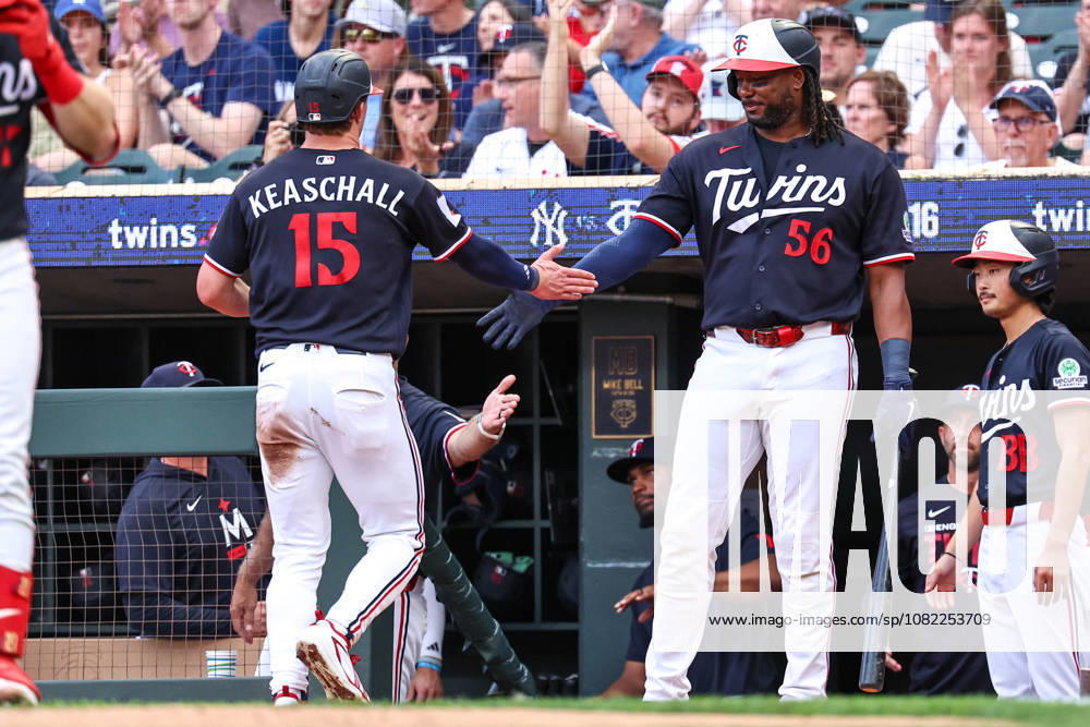 August 31st, 2026: Minnesota Twins right fielder Luke Keaschall (15) celebrates scoring on a RBI sac fly hit by Minnesota Twins second baseman Kody Clemens (2)(not pictured) in the first inning during a MLB, Baseball Herren, USA Baseball game between the Detroit Tigers and the Minnesota Twins at Target Field in Minneapolis, Minnesota. CSM Minneapolis USA - ZUMAc04_ 20260831_zma_c04_023