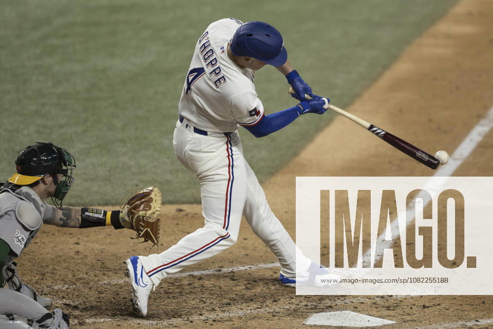 Texas Rangers catcher LOGAN OHOPPE (4) hits a double against the Athletics at Globe Life Field. Rangers win 8-1. Arlington USA - ZUMAf180 20260831_zsp_f180_023