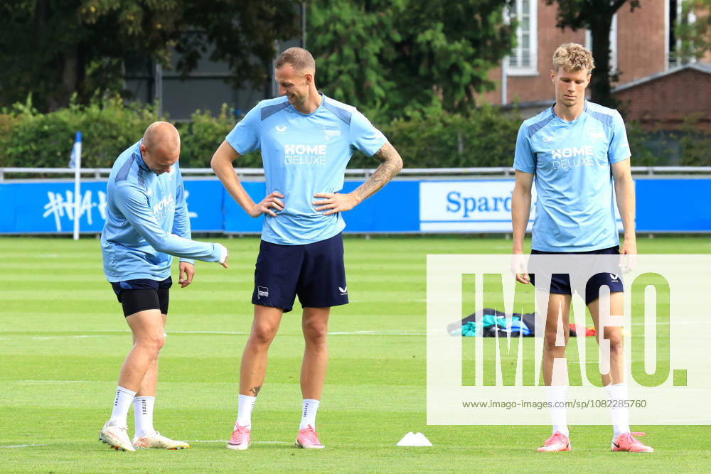 Germany, Soccer, 2. Bundesliga, 2026–2027 Season, Sportforum, Hertha BSC, Training: Jon Dagur Thorsteinsson (Hertha BSC Berlin 23), Gustaf Nilsson (Hertha BSC Berlin 9), Luca Schuler (Hertha BSC Berlin 18). DFB and DFL regulations prohibit any use of photographs as image sequences and or quasi-video. Berlin Sportforum, Berlin, Germany