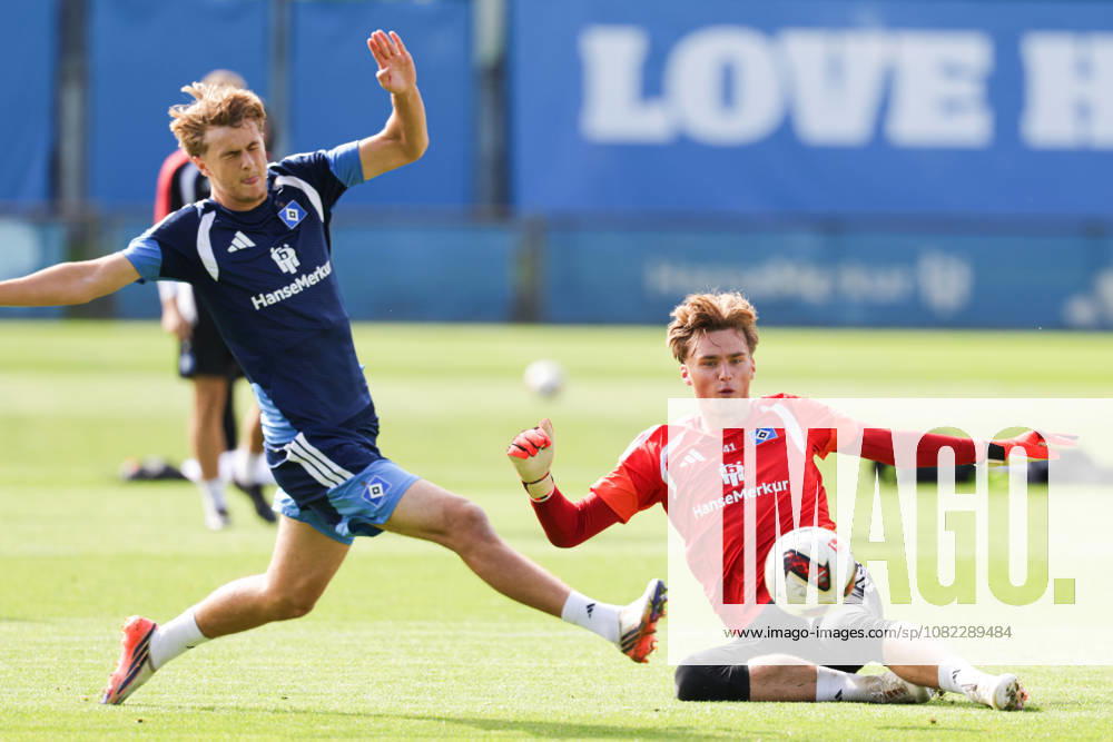 Soccer 1st Bundesliga Hamburger Sportverein Training at Volksparkstadion (from left) Louis Lemke, Hamburger SV, 37, goalkeeper Fernando Dickes, Hamburger SV, 41, in action DFL and DFB regulations prohibit any use of photographs as image sequences and or quasi-video