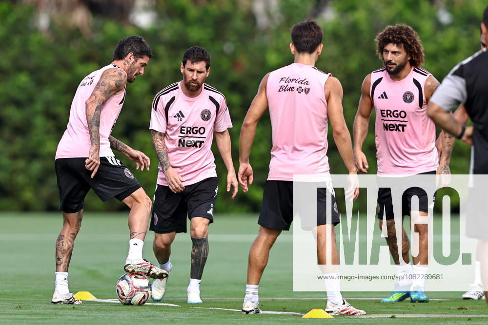 FORT LAUDERDALE, FL - SEPTEMBER 2: From (L-R), Rodrigo de Paul (7), Leo Messi (10), and Maximiliano Falcon (37) of Inter Miami CF are seen during an Inter Miami Training Session at Florida Blue Training Center on September 2, 2026 in Fort Lauderdale, Florida. (Photo by Chris Arjoon Icon Sportswire) SOCCER: SEP 2 Inter Miami CF Training Icon2609020000012
