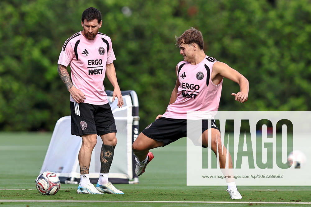 FORT LAUDERDALE, FL - SEPTEMBER 2: Leo Messi (10) and Mateo Silvetti (24) of Inter Miami CF are seen during an Inter Miami Training Session at Florida Blue Training Center on September 2, 2026 in Fort Lauderdale, Florida. (Photo by Chris Arjoon Icon Sportswire) SOCCER: SEP 2 Inter Miami CF Training Icon2609020000013