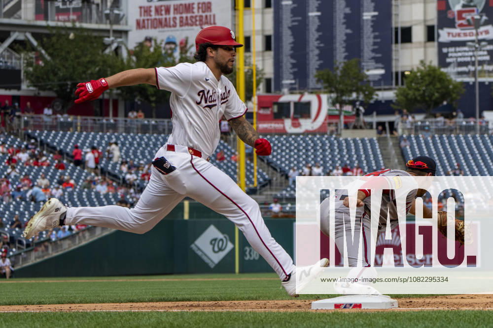 Washington Nationals first baseman Yohandy Morales (28) grounds out at first with Atlanta Braves first basemen Matt Olson (28) in the bottom of the third inning during a game at Nationals Park in Washington, DC on Wednesday, September 2, 2026. WAP20260902415 BONNIExCASH