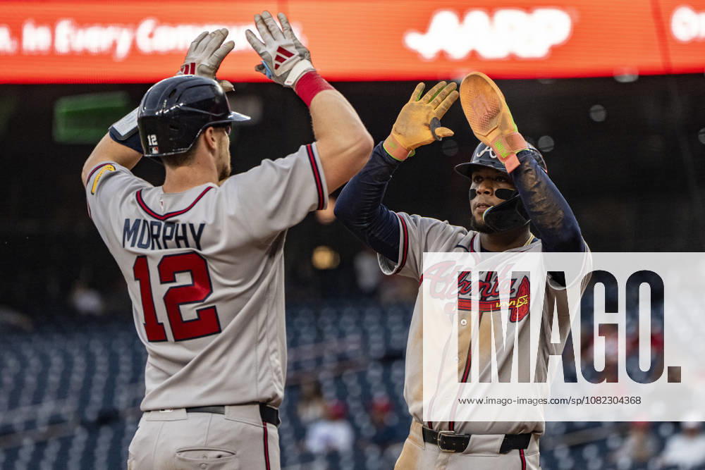 Atlanta Braves catcher Sean Murphy (12) celebrates with Atlanta Braves right fielder Ronald Acuna Jr. (13) after hitting a home run in the top of the sixth inning during a game against the Washington Nationals at Nationals Park in Washington, DC on Wednesday, September 2, 2026. The Braves beat the Nationals 9-0. WAP20260902466 BONNIExCASH