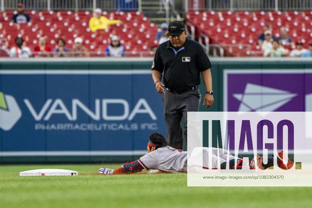 Atlanta Braves short-stop Ha-Seong Kim (7) slides into second base after hitting a line drive to left field in the top of the seventh inning during a game against the Washington Nationals at Nationals Park in Washington, DC on Wednesday, September 2, 2026. The Braves beat the Nationals 9-0. WAP20260902468 BONNIExCASH