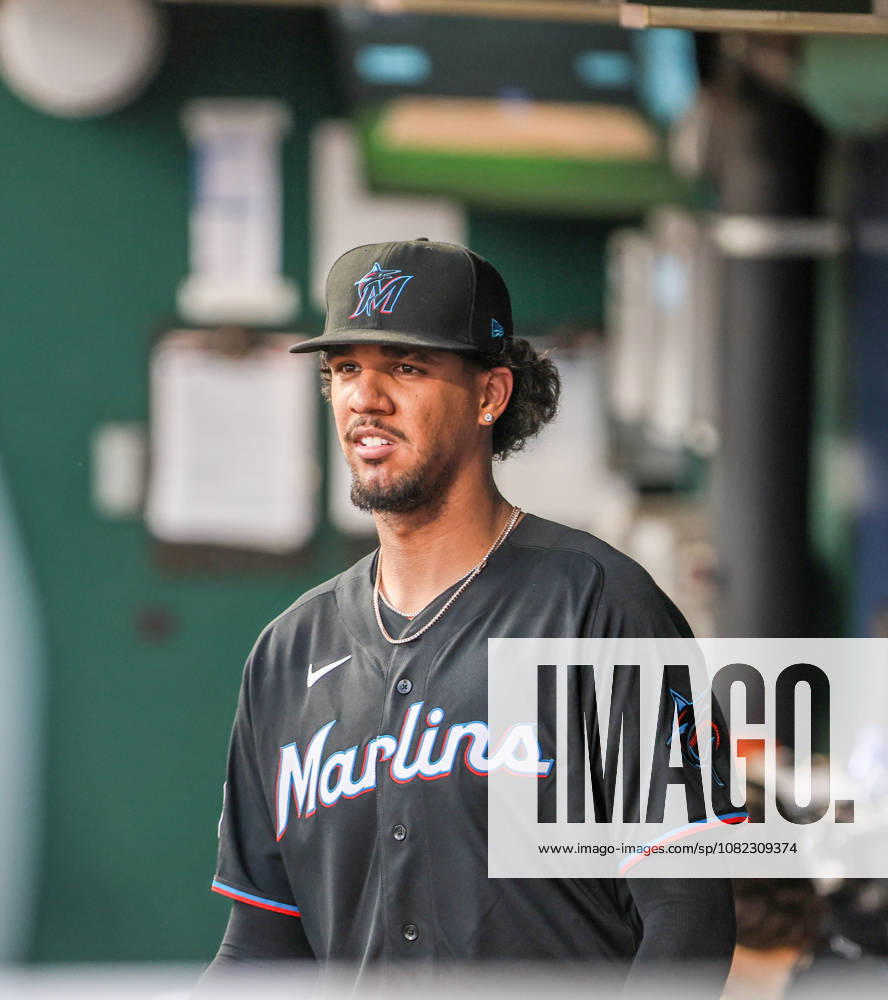 SEP 2, 2026: Miami Marlins starting pitcher Eury Po rez (39) looks on from the dugout against the Kansas City Royals at Kauffman Stadium Kansas City, MO. CSM Kansas City United States - ZUMAc04_ 20260902_zma_c04_002