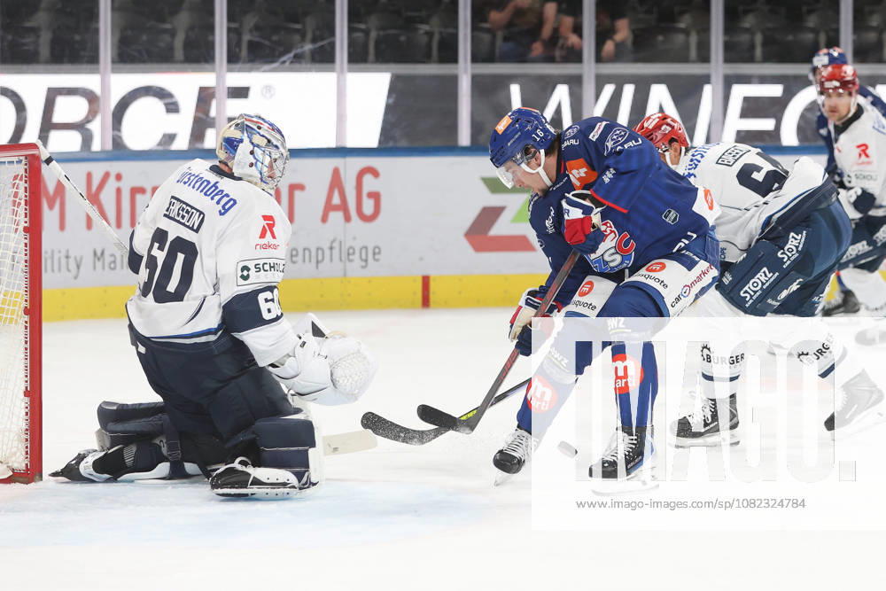 Zurich, SWITZERLAND, Swiss Life Arena, 2026–2027 Ice Hockey Season, Exhibition Game: ZSC Lions vs. Schwenninger Wild Wings, Joshua Fahrni of the ZSC Lions in front of goalie Joacim Eriksson of the Wings