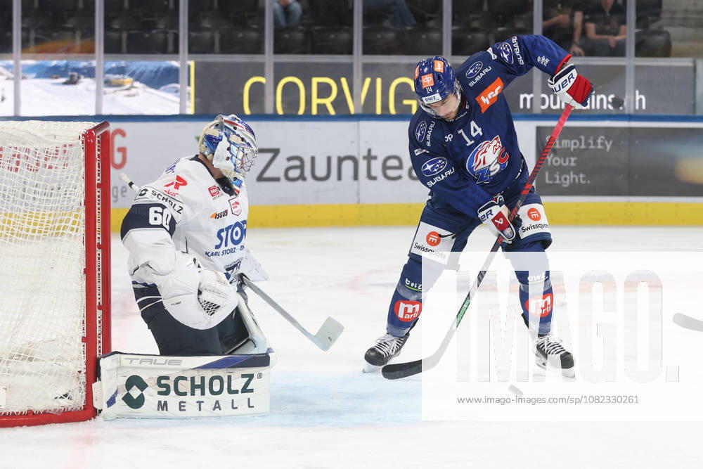 Zurich, SWITZERLAND, Swiss Life Arena, 2026–2027 Ice Hockey Season, Exhibition Game: ZSC Lions vs. Schwenninger Wild Wings, Chris Baltisberger of the ZSC Lions scores against goalie Joacim Eriksson of the Wild
