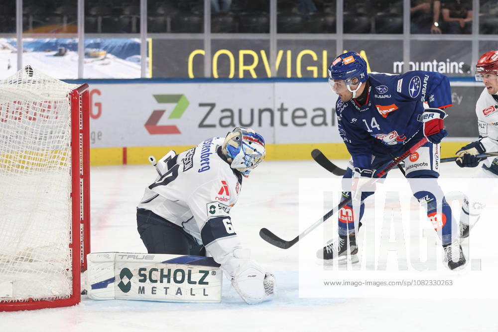 Zurich, SWITZERLAND, Swiss Life Arena, 2026–2027 Ice Hockey Season, Exhibition Game: ZSC Lions vs. Schwenninger Wild Wings, Chris Baltisberger of the ZSC Lions scores against goalie Joacim Eriksson of the Wild