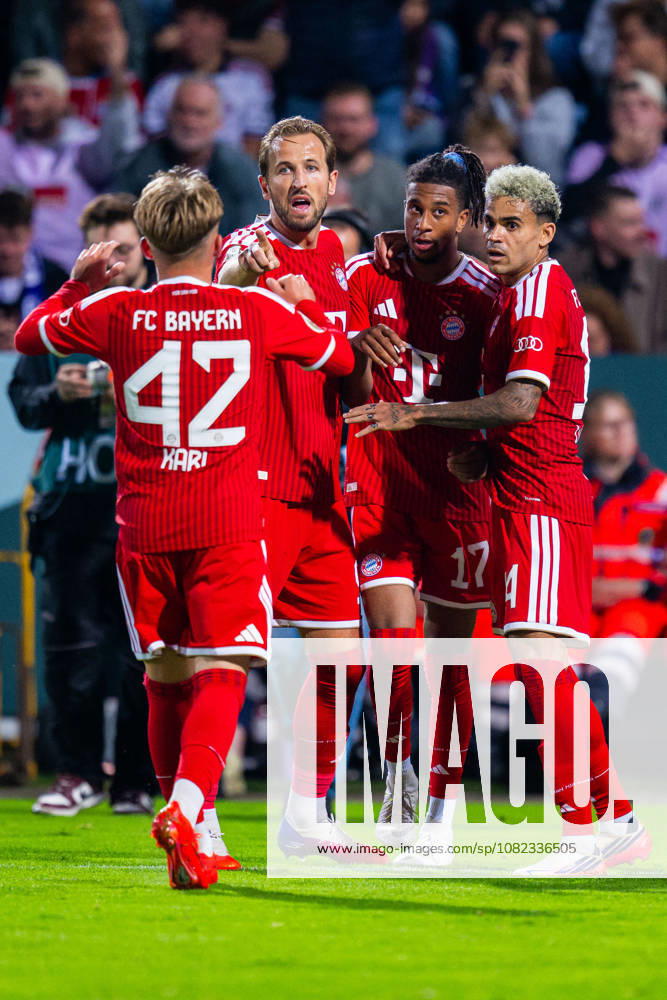 Soccer, 2026–2027, DFB Cup, 1st Round, VfL Osnabrück vs. FC Bayern Munich, Round 2: Michael Olise celebrates his goal to make it 1–3 with Lennart Karl (left), Harry Kane, and Luis Diaz (right). DFB regulations prohibit any use of photographs as image sequences and or quasi-video.