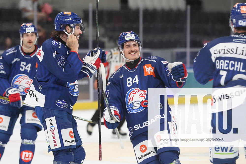 Zurich, SWITZERLAND, Swiss Life Arena, 2026–2027 Ice Hockey Season, Exhibition Game: ZSC Lions vs. Schwenninger Wild Wings, Goal Celebration: Willy Riedi, Nino Niedermann, and Nicolas Baechler (ZSC Lions)