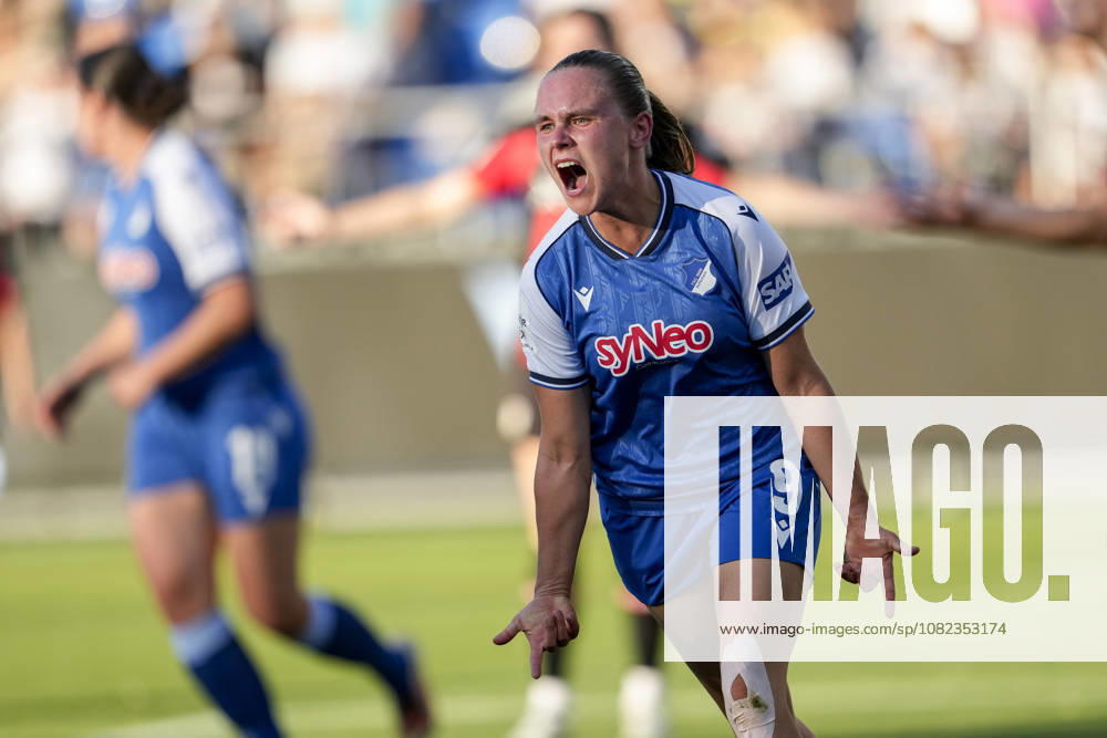 Goal scorer Marie Steiner (TSG), 9, player, players of TSG 1899 Hoffenheim, celebrates the goal that tied the game at 1-1, Celebration, celebrating, goal celebration, goal scored, celebrating the goal, goal, celebration, celebrating the goal, joy, happiness, happy, optimistic, positive, game scene, highlight, still image, single photo, action, 04 09 2026, Sinsheim, Hoffenheim, Germany, soccer, Google Pixel Women’s Bundesliga, TSG 1899 Hoffenheim vs. Bayer 04 Leverkusen, DFB and DFL regulations prohibit any use of photographs as image sequences and or quasi-video