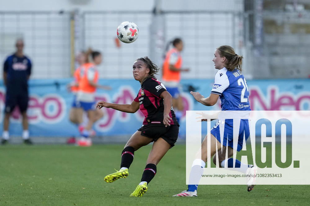 From left: Maja Sternad (B04), 23; Jonna van de Velde (TSG), 25; tackle, game scene, duel, tackle, tackling, dynamism, action, 04 09 2026, Sinsheim, Hoffenheim, Germany, soccer, Google Pixel Women’s Bundesliga, TSG 1899 Hoffenheim vs. Bayer 04 Leverkusen, DFB and DFL regulations prohibit any use of photographs as image sequences and or quasi-video