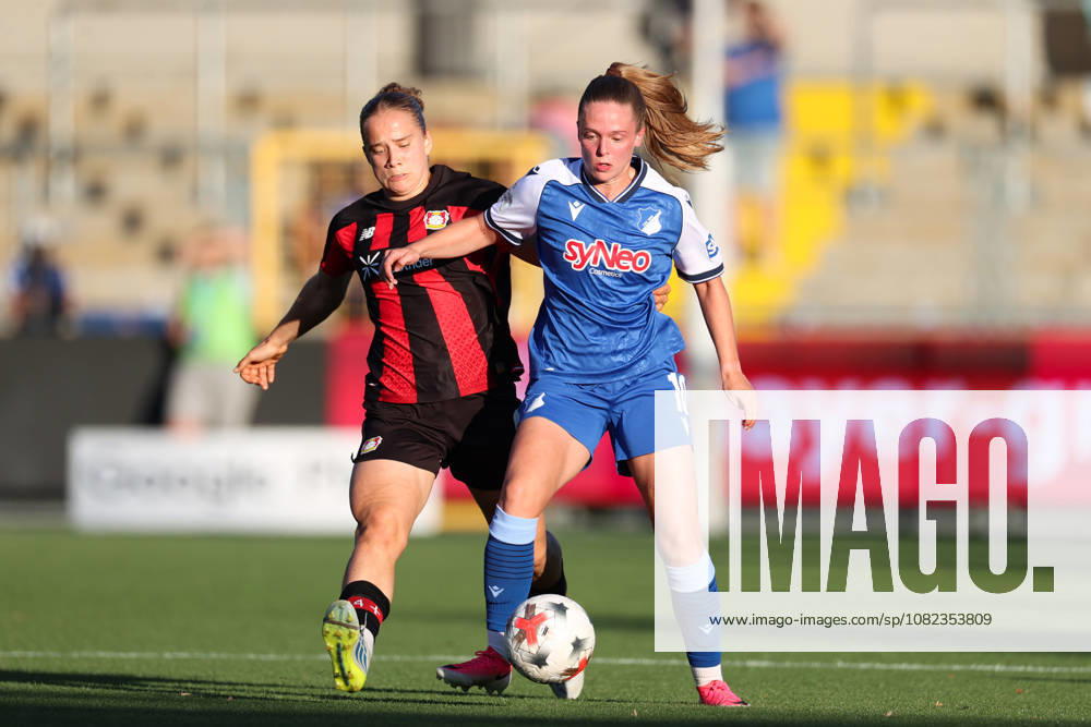 Paulina Platner (Bayer 04 Leverkusen, No. 6) in a tackle with Valesca Ampoorter (TSG Hoffenheim, No. 10), GER, TSG 1899 Hoffenheim vs. Bayer 04 Leverkusen, Soccer, Google Pixel Women’s Bundesliga, Matchday 3, 2026–2027, April 9, 2026, DFL regulations prohibit any use of photographs as image sequences and or quasi-video, GER, TSG 1899 Hoffenheim vs. Bayer 04 Leverkusen, Soccer, Google Pixel Women’s Bundesliga, Matchday 3, 2026–2027, September 4, 2026, Hoffenheim