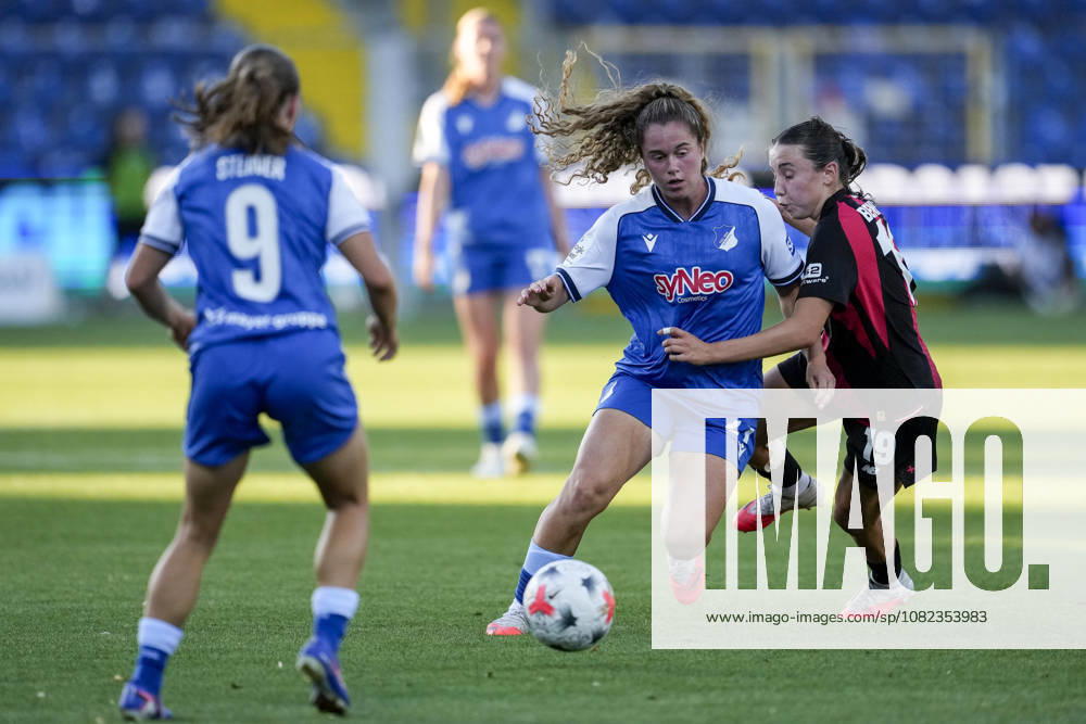V li Marie Steiner TSG, 9, Laia Martret Jimenez TSG, 21, Loreen Bender B04, 19, tackle, game scene, duel, tackle, tackling, dynamics, action, 04 09 2026, Sinsheim, Hoffenheim, Germany, soccer, Google Pixel Women’s Bundesliga, TSG 1899 Hoffenheim vs. Bayer 04 Leverkusen, DFB DFL REGULATIONS PROHIBIT ANY USE OF PHOTOGRAPHS AS IMAGE SEQUENCES AND OR QUASI-VIDEO
