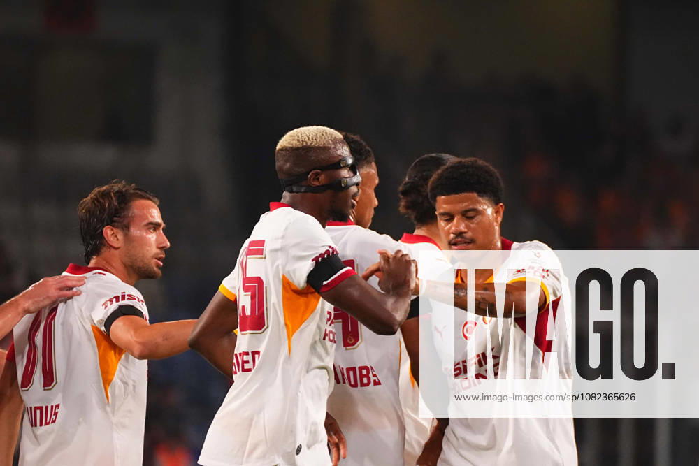 Victor Osimhen of Galatasaray SK celebrates after scoring the first goal of his team with teammates during the Turkish Super League 2026 27 match between Baseaksehir FK and Galatasaray SK at Basaksehir Fatih Terim Stadium, 2026 in Istanbul, Turkey. Istanbul Basaksehir Turkey