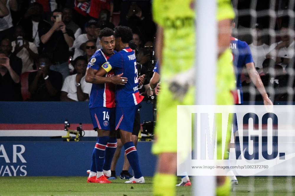 PARIS, FRANCE - SEPTEMBER 4, 2026: Paris Saint-Germainâ€⠢s forward Desire Doue celebrates scoring a goal with Paris Saint-Germainâ€⠢s defender Marquinhos during the French L1 football match between Paris Saint-Germain and AS Monaco at the Parc des Princes stadium in Paris on September 4, 2026. Ligue 1 PSG Vs AS Monaco - ZUMAq101 20260904_zna_q101_197