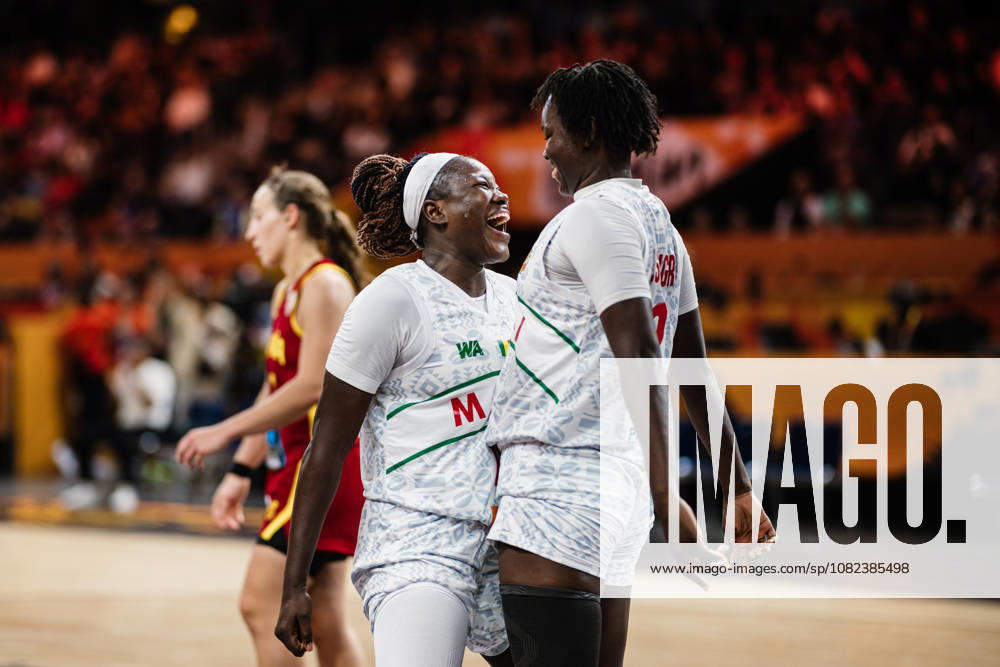 2026 FIBA Women’s Basketball World Cup: Mali vs. Spain, September 5, 2026. Maimouna Haidara (Mali, No. 10) celebrates with Aminata Sangare (Mali, No. 2). Basketball, FIBA Women’s Basketball World Cup 2026, Group Stage, Group A, Matchday 2: Mali vs. Spain on September 5, 2026, at the Max Schmeling Halle, Berlin