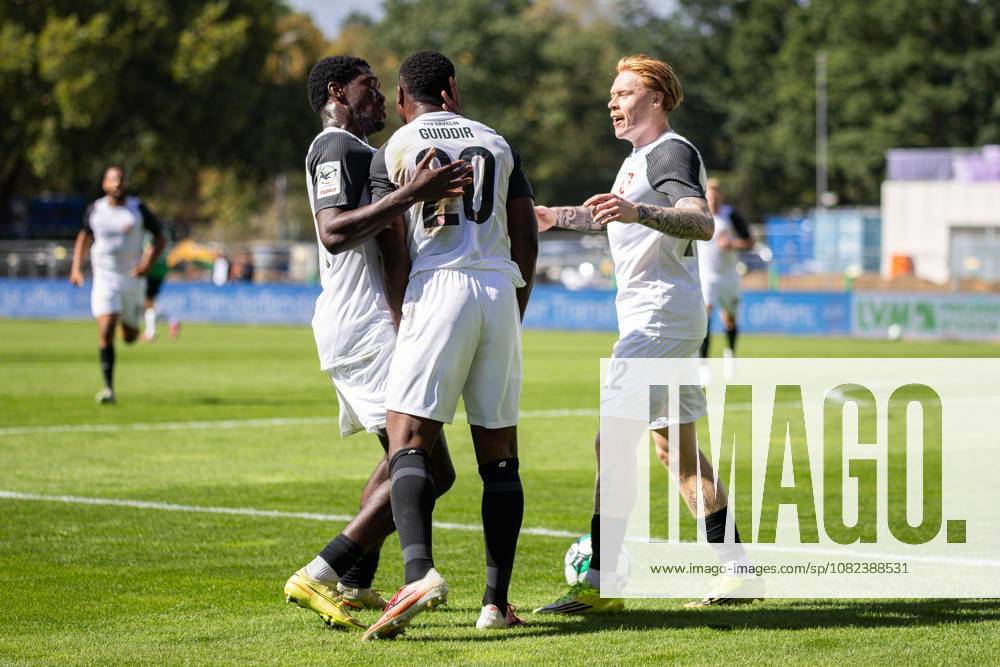 Alexander Guiddir of TSV Havelse, 20 (center), celebrates his goal to tie the game at 1–1 with Leon Sommer Deiss of TSV Havelse, 22 (left), and Leon Sommer Deiss of TSV Havelse, 22 (right), GER, SC Preussen Münster vs. TSV Havelse, soccer, 3rd Division, Matchday 4, 2026–2027 season, September 5, 2026 DFL regulations prohibit any use of photographs as image sequences and or quasi-video GER, SC Preussen Münster vs. TSV Havelse, soccer, 3rd League, Matchday 4, 2026–2027 season, September 5, 2026, Münster
