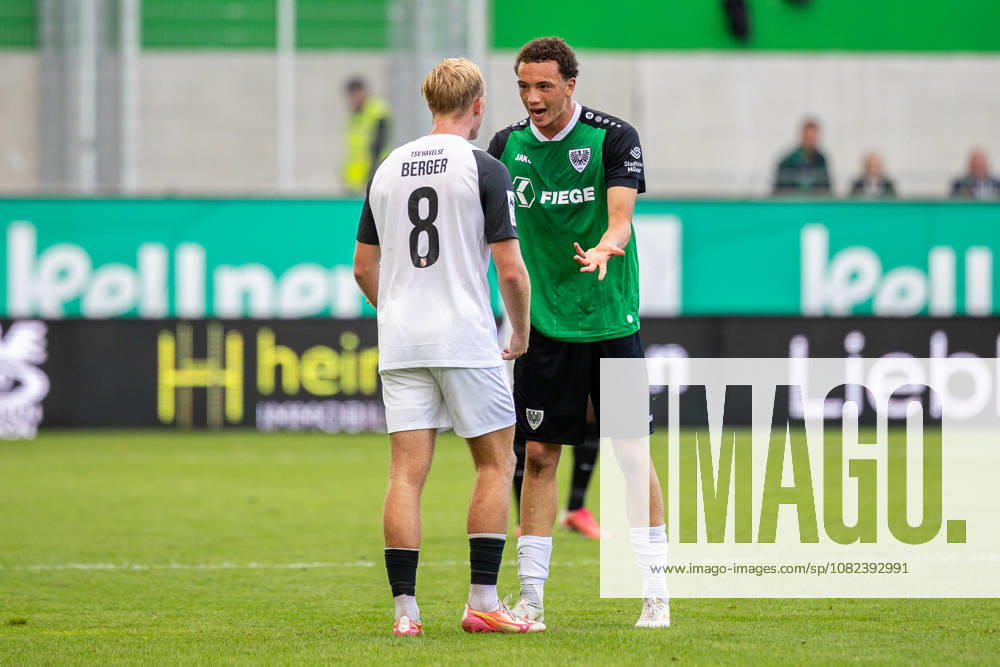 L R Johann Berger (TSV Havelse, 08) and Felix Higl (SC Preussen Münster, 33) have a brief altercation GER, SC Preussen Münster vs. TSV Havelse, soccer, 3rd Division, Matchday 4, 2026–2027 season, September 5, 2026 DFL regulations prohibit the use of photographs as image sequences and or quasi-video GER, SC Preussen Muenster vs. TSV Havelse, soccer, 3rd League, Matchday 4, 2026–2027 season, September 5, 2026, Münster