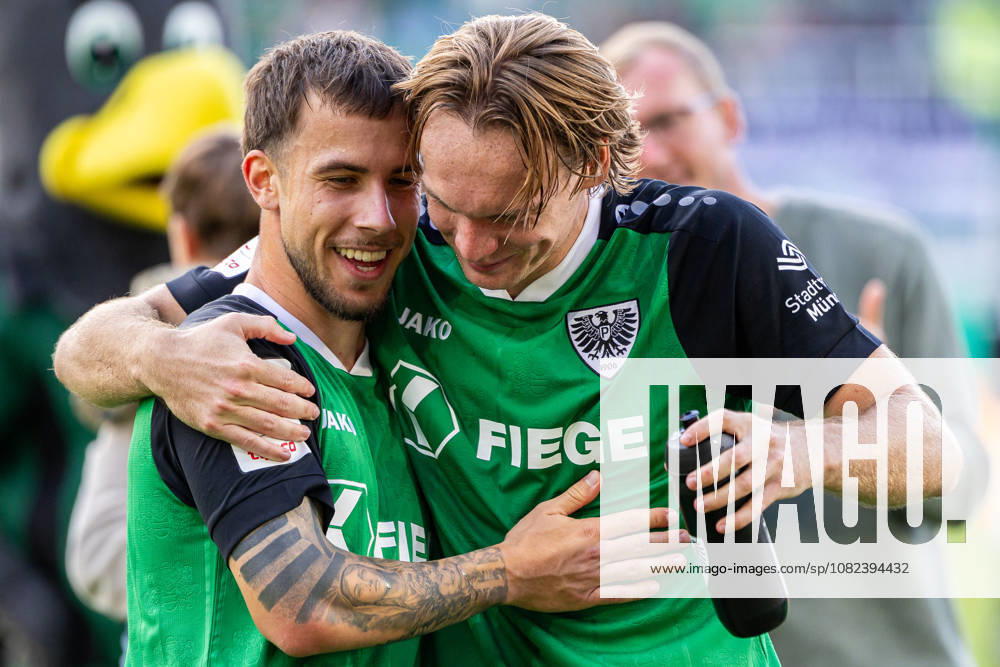 L R Louis Kolbe, SC Preussen Münster, 02, Ryan Johansson, SC Preussen Münster, 20, celebrating the 2–1 victory after the final whistle; GER, SC Preussen Münster vs. TSV Havelse, soccer, 3rd League, Matchday 4, 2026–2027 season, September 5, 2026 DFL regulations prohibit the use of photographs as image sequences and or quasi-video GER, SC Preussen Münster vs. TSV Havelse, soccer, 3rd League, Matchday 4, 2026–2027 season, September 5, 2026, Münster