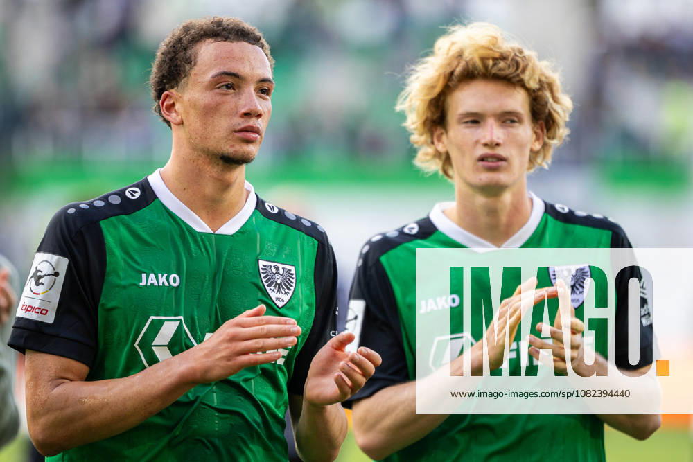 L R Samuel Althaus, SC Preussen Münster, 44, Niklas Varelmann of SC Preussen Münster, 36, celebrates the 2–1 victory after the final whistle. GER, SC Preussen Münster vs. TSV Havelse, soccer, 3rd League, Matchday 4, 2026–2027 season, September 5, 2026 DFL regulations prohibit any use of photographs as image sequences and or quasi-video GER, SC Preussen Münster vs. TSV Havelse, soccer, 3rd League, Matchday 4, 2026–2027 season, September 5, 2026, Münster
