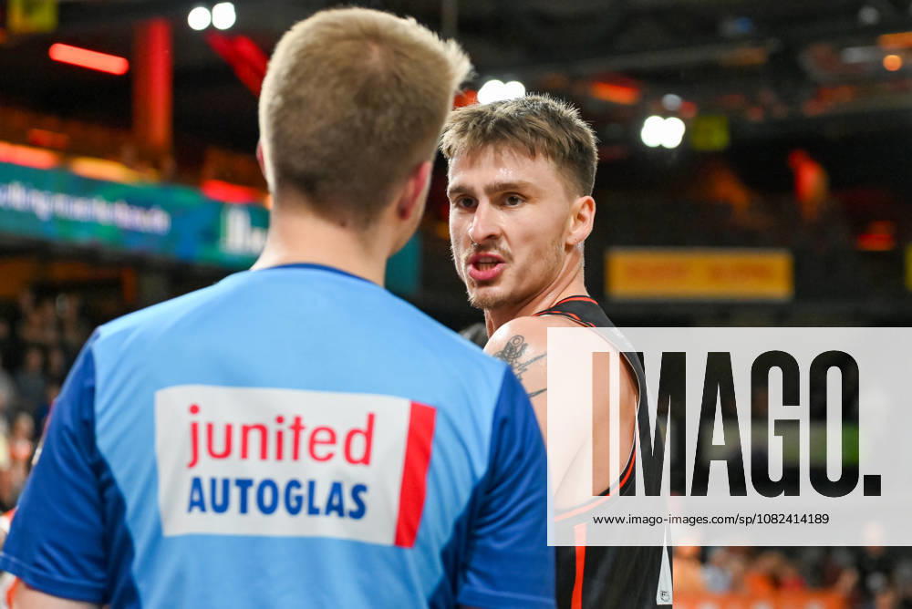 Silvester Berg of the Bakken Bears, No. 13, talking with the referee; RASTA Vechta vs. Bakken Bears, exhibition game, 2026–2027 season, September 5, 2026, RASTA Vechta vs. Bakken Bears, exhibition game, 2026–2027 season, September 5, 2026, Vechta