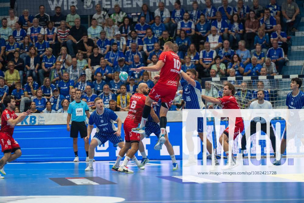 Dainis Kriötopans, backcourt player, MT Melsungen 10, ätepán Zeman, pivot, VfL Gummersbach 66, Erik Balenciaga, backcourt player, MT Melsungen 6, VfL Gummersbach vs. MT Melsungen, Opel Handball Bundesliga, Men, Matchday 3, September 5, 2026, Gummersbach, North Rhine-Westphalia, Germany