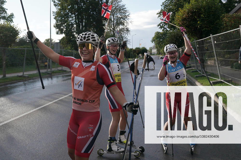 Emilie Ruud Lia, Mille Sophie Sveinhaug Aarnes and Synnoeve Kjosavik of Norway react afte the Sprint race of the FIS Rollerski World Championships 2026 in Madona, Latvia, on September 5, 2026. Madona Latvia