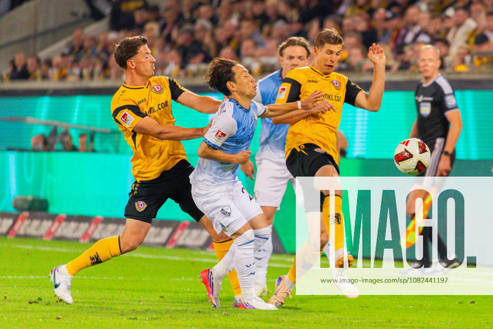 Germany 2. Bundesliga, 2026–2027 Season, September 5, 2026, Matchday 4, SG Dynamo Dresden vs. VfL Bochum, Rudolf Harbig Stadium: Koji Miyoshi (VfL Bochum), No. 23, in a tackle against Alexander Rossipal (SG Dynamo Dresden), No. 19