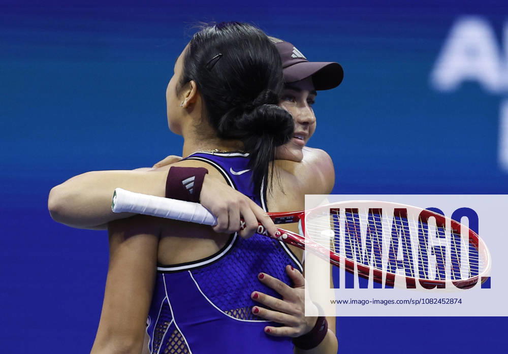 Iva Jovic hugs Alexandra Eala of the Philippines at net after defeating Eala in 3 sets in Arthur Ashe Stadium in the 3rd round at the 2026 US Open Tennis Championship at the USTA Billie Jean King National Tennis Center in New York City on Saturday, September 5, 2026. NYP20260905135 JOHNxANGELILLO