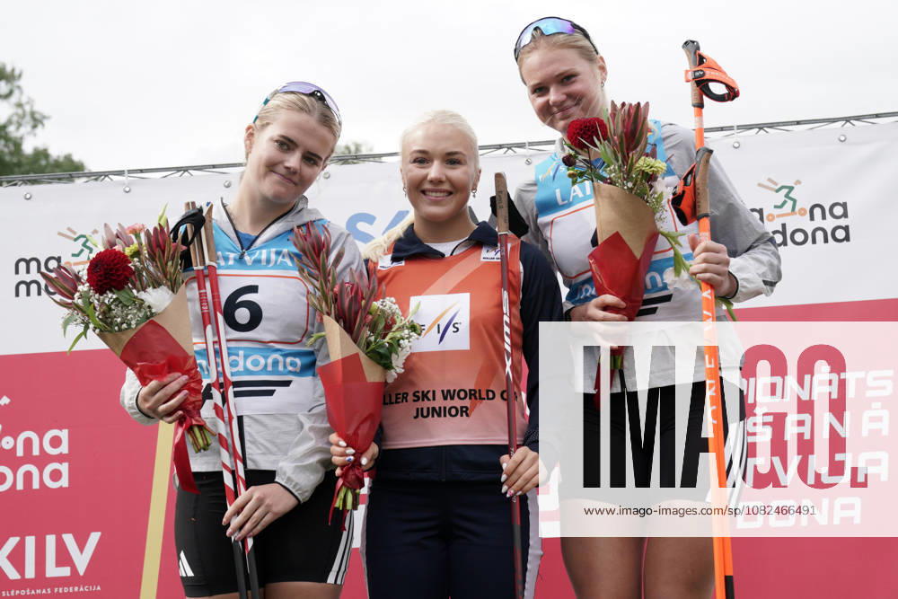 From left, Lisa Alrik of Sweden, second place, Emilie Ruud Lia of Norway, first place, and Matilda Grahn of Sweden, third place, celebrate after the Junior Women mass start race of the FIS Rollerski World Championships 2026 in Madona, Latvia, on September 6, 2026. Madona Latvia