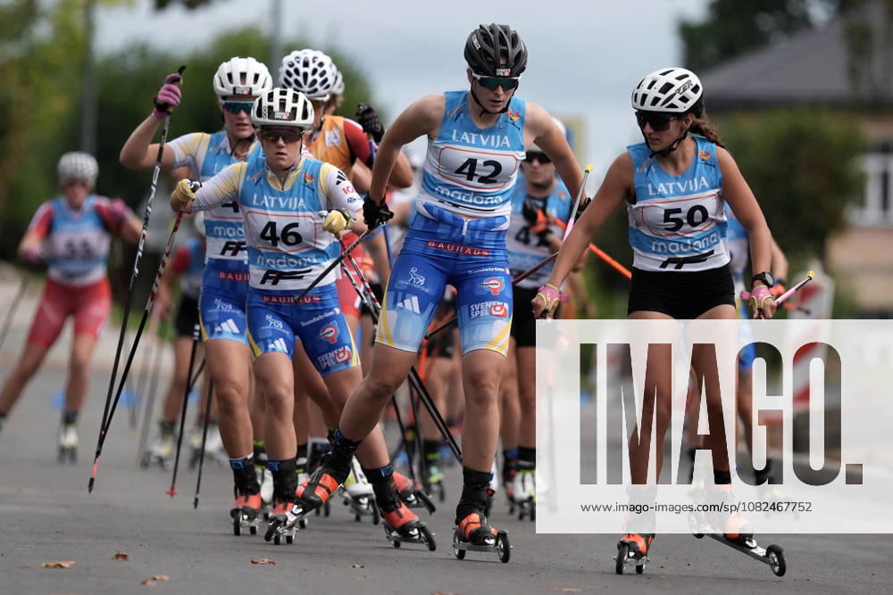 Emilia Eriksson, left, Ebba Stenman both of Sweden and Magdalena Kobielusz of Poland compete during the Women mass start race of the FIS Rollerski World Championships 2026 in Madona, Latvia, on September 6, 2026. Madona Latvia