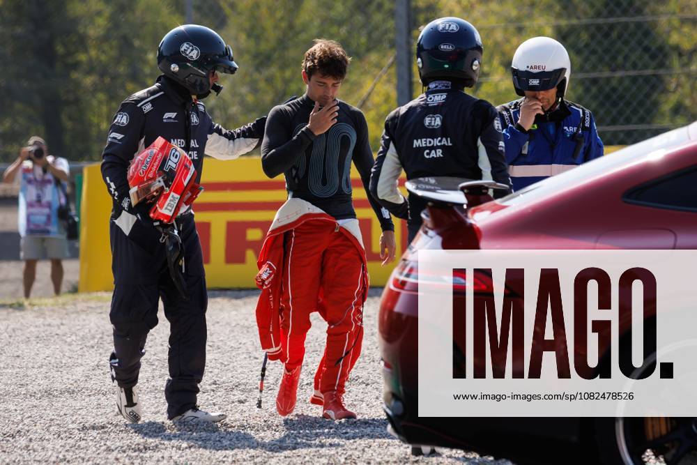 Charles Leclerc, Scuderia Ferrari, 16, is shaken up after the crash; injured; injury; emotions; Italian Grand Prix; motorsports; Formula 1; 2026 season; September 6, 2026 Italian Grand Prix, motorsports, Formula 1, 2026 season