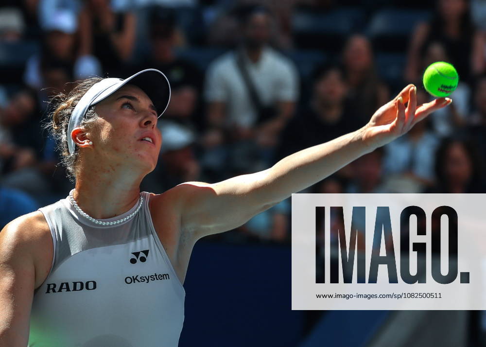 US Open tennis tournament - Day 8 Linda Noskova of Czechia serves against Marta Kostyuk of Ukraine during their Womens Singles match at the US Open Tennis Championships at the USTA Billie Jean King National Tennis Center in Flushing Meadows, New York, USA, 06 September 2026. The 2026 US Open tournament runs from 23 August through 13 September. FLUSHING MEADOWS NEW YORK United States