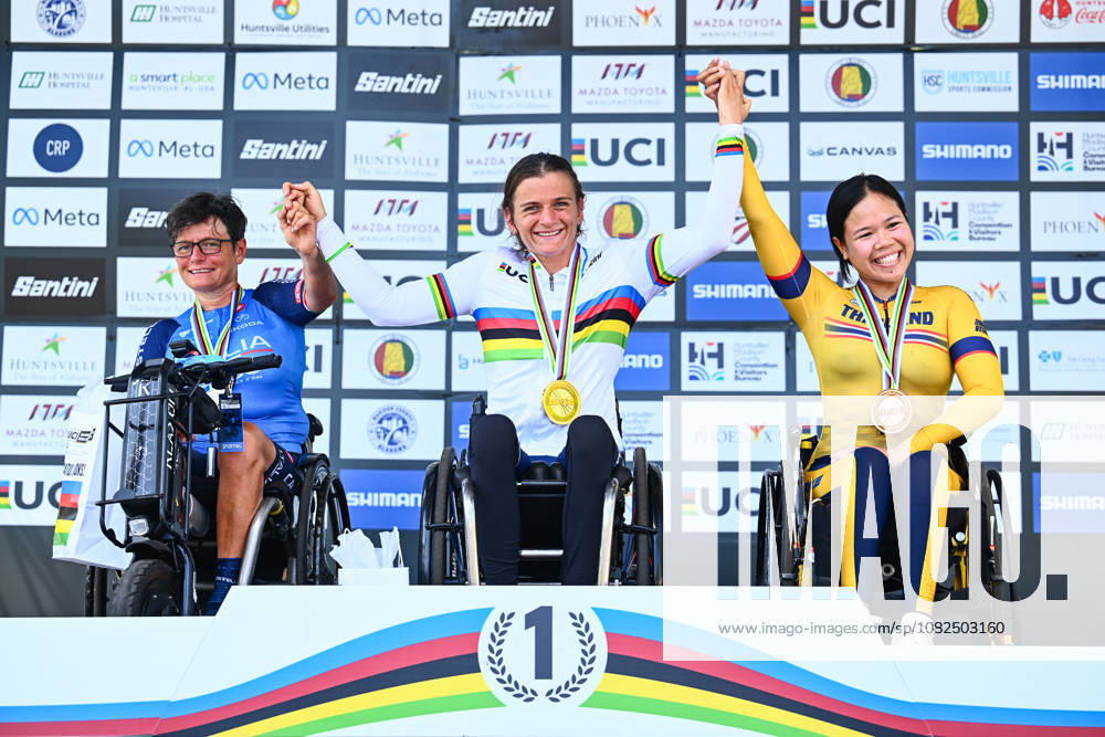 2026 UCI Para-cycling Road World Championships Picture by Olly Hassell SWpix.com - 06 09 2026 - Cycling - 2026 UCI Para-cycling Road World Championships - Huntsville, Alabama, United States of America - Women H2 Road Race podium - Katerina Brim (USA) wins the Gold Medal to become World Champion, Roberta Amadeo (Italy) receiving the Silver Medal and Patcharapha Seesen (Thailand) receiving the Bronze Medal Huntsville Cummings Research Park United States of America