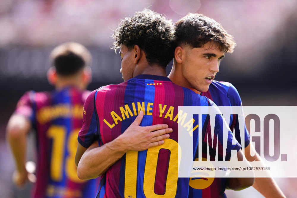 Valencia CF v FC Barcelona, Barca - LaLiga EA Sports 2026 27 Lamine Yamal right winger of Barcelona and Spain celebrates with Pau Cubarsi after scoring his sides second goal that was after disallowed by VAR revision during the LaLiga EA Sports 2026 27 match between Valencia CF and FC Barcelona at Estadi de Mestalla on September 6, 2026 in Valencia, Spain. Valencia Spain