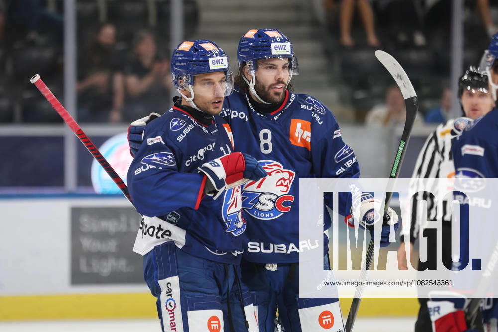 Zurich, SWITZERLAND, Swiss Life Arena, 2026–2027 Ice Hockey Season, Exhibition Game: ZSC Lions vs. Schwenninger Wild Wings, Goal Celebration: Chris Baltisberger, Willy Riedi, ZSC Lions