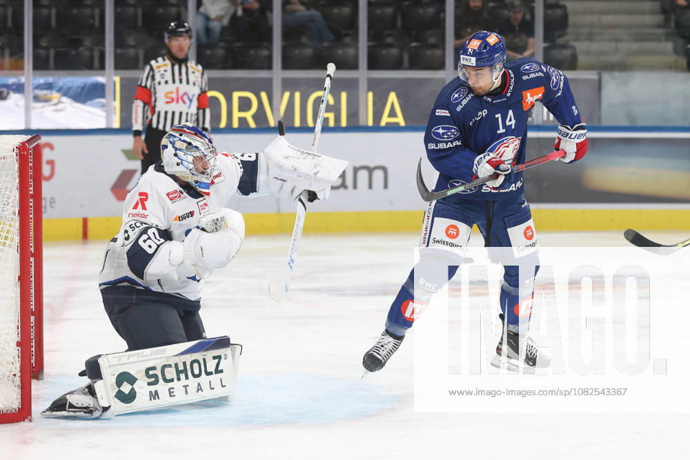 Zurich, SWITZERLAND, Swiss Life Arena, 2026–2027 Ice Hockey Season, Exhibition Game: ZSC Lions vs. Schwenninger Wild Wings, Chris Baltisberger of the ZSC Lions in front of goalie Joacim Eriksson of the Wings