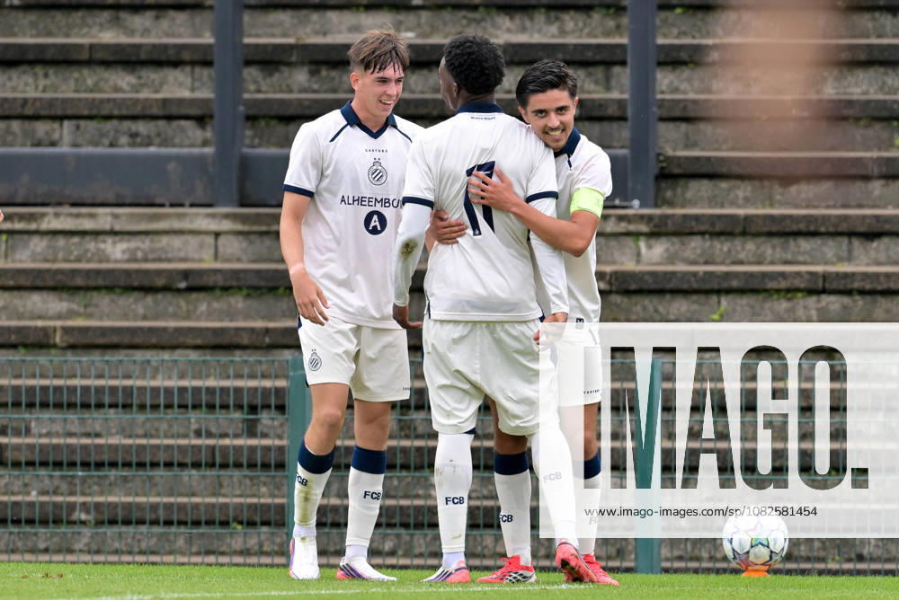 Youth League Club Brugge vs Aston Villa Utku Kurtal (10) of Club Brugge NXT celebrates with Matteo Soria (9) of Club Brugge NXT and Clever Ossohou (11) of Club Brugge NXT after scoring the 1-0 goal during the Uefa Youth League matchday 1 game in the League phase in season 2026 - 2027 between Club Brugge KV and Aston Villa on September 8 , 2026 in Roeselare, Belgium. (Photo by David Catry sportpix) Roeselare Schiervelde - The Nest West Flanders Belgium