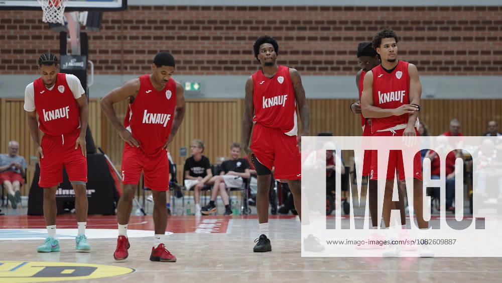 Pictured from left: Sam Griffin, Würzburg Baskets, 4, Kenny Dye of Wuerzburg Baskets, 5, Eddie Colbert III of Wuerzburg Baskets, 0, Charles Thompson of Wuerzburg Baskets, 32, and Brandon Tischler of Wuerzburg Baskets, 8, August 9, 2026, Fitness First Würzburg Baskets vs. Kreisbau Kirchheim Knights, exhibition game, Germany, 97072, tectake Arena Würzburg,