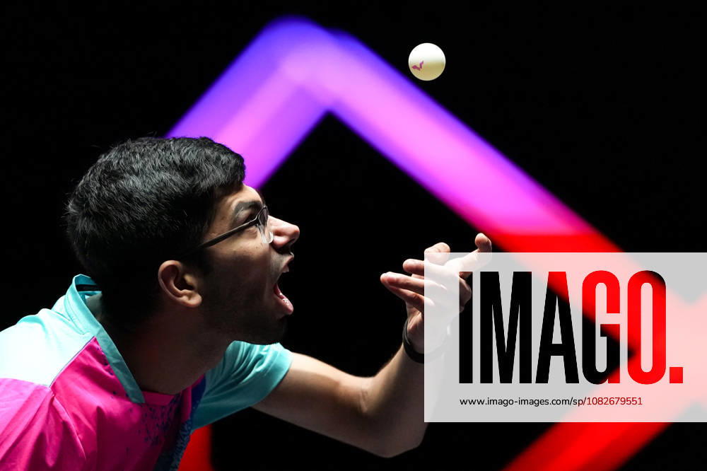 (260909) -- MACAO, Sept. 9, 2026 -- Manav Thakkar serves during the men s singles round of 32 match between Manav Thakkar of India and Alexis Lebrun of France at the 2026 World Table tennis, Tischtennis (WTT) Champions Macao in Macao, south China, Sept. 9, 2026. ) (SP)CHINA-MACAO-TABLE TENNIS-WTT-MEN S SINGLES (CN) CheongxKamxKa