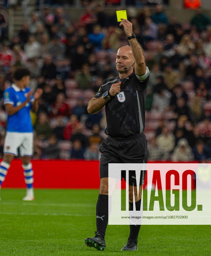 Sunderland v Hull City, EFL Cup, 3rd round, Football, Stadium Of Light, Sunderland UK - 08 Sep 2026 Referee Paul Tierney produces Yellow Card Sunderland Stadium Of Light Tyne and Wear UK, UK NEWSPAPERS OUT