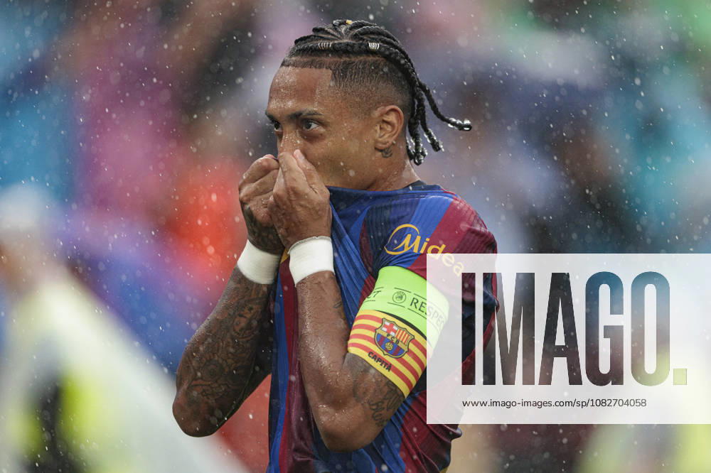 Raphinha seen celebrating after scoring goal during UEFA Champions League 2026 2027 league phase game between teams of FC Barcelona, Barca and Feyenoord Rotterdam (Maciej Rogowski Ball Raw Images) Barcelona Camp Nou Spain
