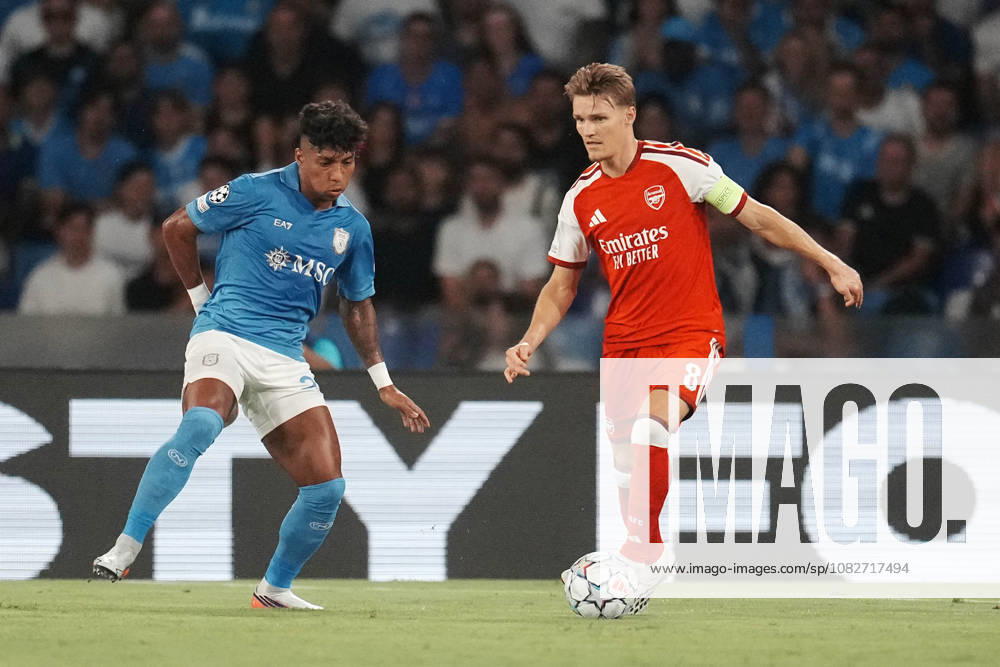 Napoli , ITALY, September 9: Martin Odegaard of Arsenal and Alisson Santos of Napoli during the Uefa Champions League 2026-27 , SSC Napoli vs Arsenal in Napoli Italy , Stadio D.A. Maradona.