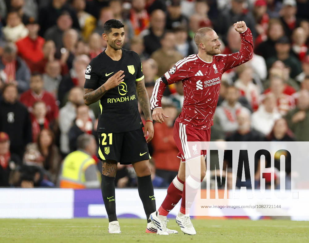 Liverpool, England, 9th September 2026. Alexis Mac Allister of Liverpool (r) celebrates scoring their second goal in front of Cristian Romero of Atletico Madrid during the Liverpool vs Atletico Madrid UEFA Champions League match at Anfield, Liverpool. Picture credit should read: Cody Froggatt Sportimage . SPI_051_CF_LIVERPOOL_V_ATLETICO_MADRIDx SPI-4984-0050