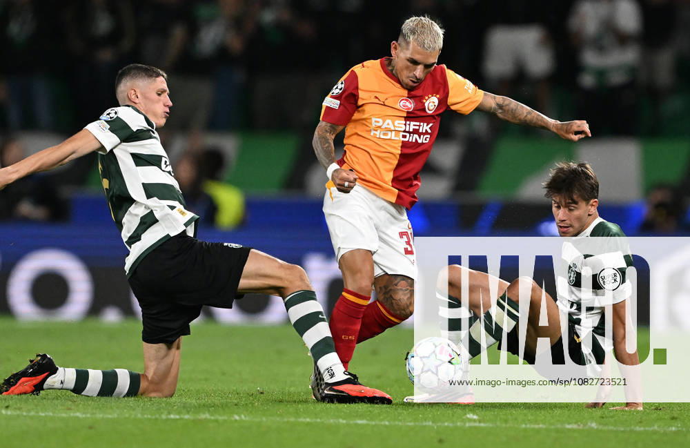 Sporting CP v Galatasaray - UEFA Champions League LISBON, PORTUGAL - SEPTEMBER 9: Lucas Torreira (C) of Galatasaray in action against Sergi Altimira Clavell (L) of Sporting CP during the UEFA Champions League match between Sporting CP and Galatasaray at Jose Alvalade Stadium in Lisbon, Portugal on September 9, 2026. Burak Akbulut Anadolu Lisbon Portugal. Editorial use only. Please get in touch for any other usage.