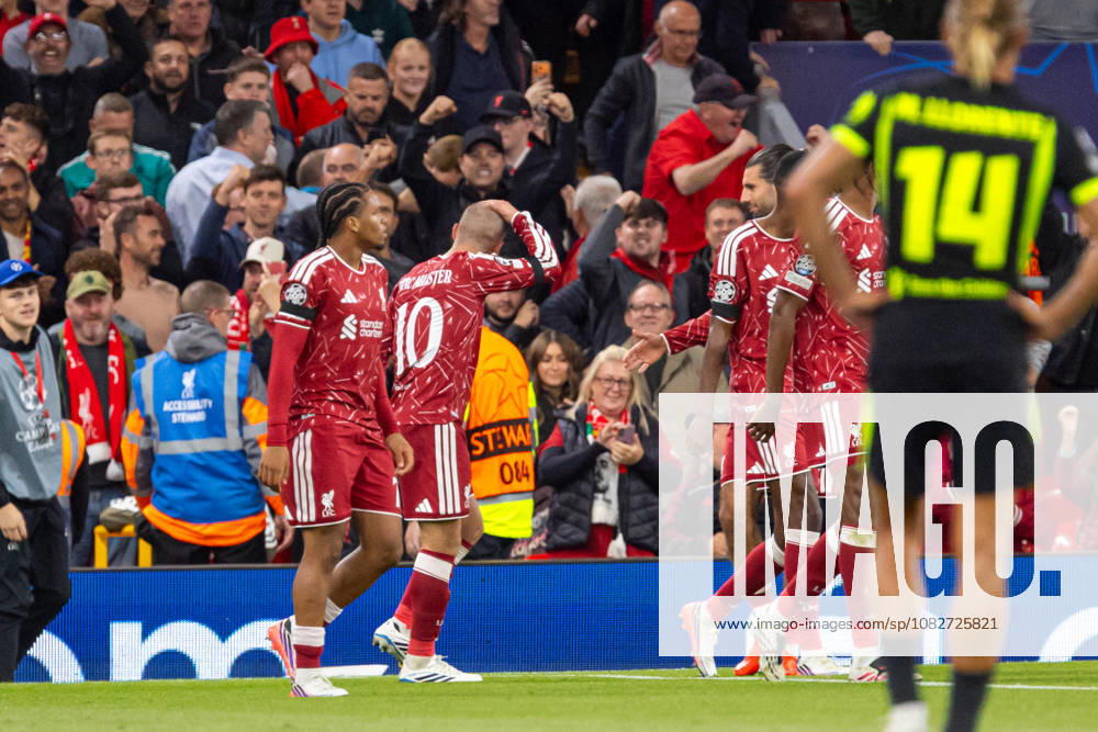 Alexis Mac Allister and players of FC Liverpool seen celebrating after goal during UEFA Champions League 2026 2027 league phase game between teams of Liverpool FC and Atletico Madrid (Ernest Kolodziej Ball Raw Images) Liverpool Anfield England