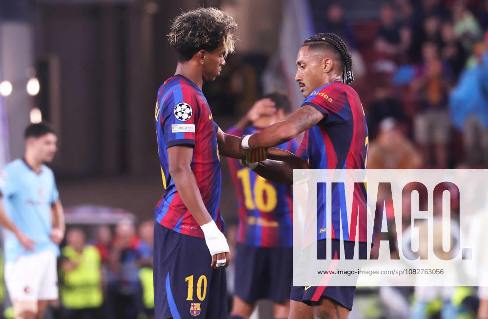 FC Barcelona, Barca v Feyenoord - UEFA Champions League 2026 27 League Phase MD1 Raphinha Dias hands the captain armband to Lamine Yamal, who serves as captain for the first time, during the match between FC Barcelona and Feyenoord Rotterdam, corresponding to Matchday 1 of the League phase of the UEFA Champions League 2026-27, played at the Spotify Camp Nou in Barcelona, on September 9, 2026. Barcelona Barcelona Spain